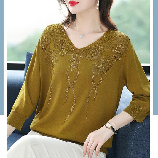 Nice Gift! Women’s Vintage V-neck Beaded Pullover Shirt