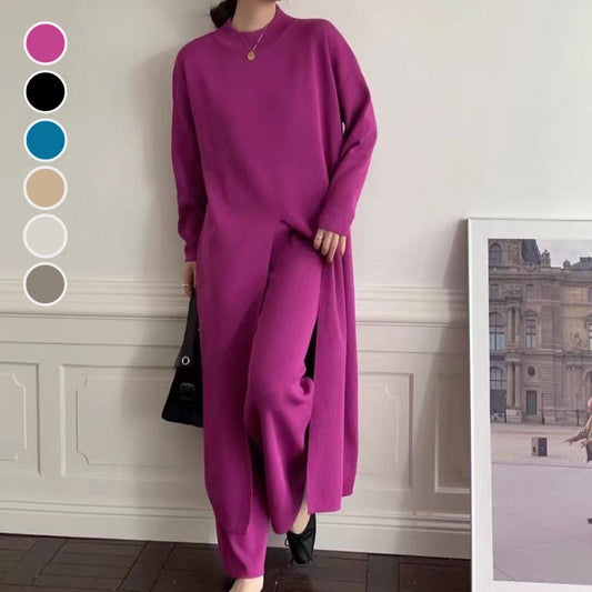 Knitted Slit Top & Long Pants 2-Piece Set
