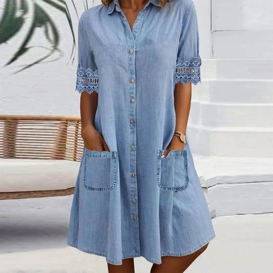 🎁BIG SALE-49% OFF🎁Blue Plain Collared Lace Trim Denim MIni Dress