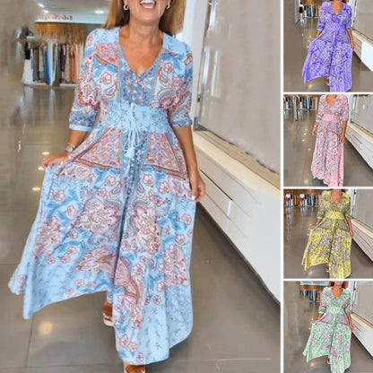 ⏳ Limited time 50% off! 💥 Ladies Elegant Printed V-Neck Long Floral Dress（The more you buy, the higher the discount）