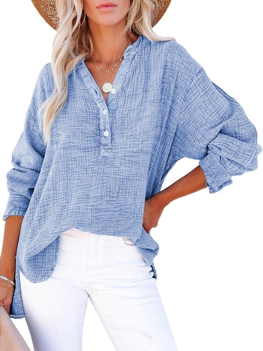 Womens Casual Button V Neck Long Sleeve Shirts Oversized Solid Blouses Top