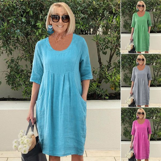 🔥2024 Hot Sale💃Solid Color Cotton Linen Pockets Tunic Midi Dress