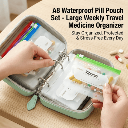 💊 A8 Waterproof 14 Color-Coded Pill Pouches Organizer – Portable Binder-Style Weekly Travel Medicine Storage Case for Pills, Vitamins & Supplements