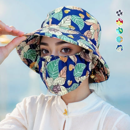 Floral Large Brimmed Sun Hat with Mask