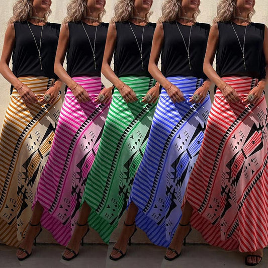 Women’s Satin Geometric Print Elastic-waist Maxi Skirt