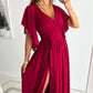Women's Ruffle Sleeve Surplice Neck High Split  Dress With Belt