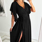Women's Ruffle Sleeve Surplice Neck High Split  Dress With Belt