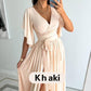 Women's Ruffle Sleeve Surplice Neck High Split  Dress With Belt
