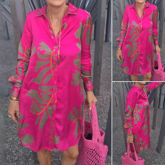 Fashion Printed Glossy Pink Dress for Plus Size Women(free shipping~）