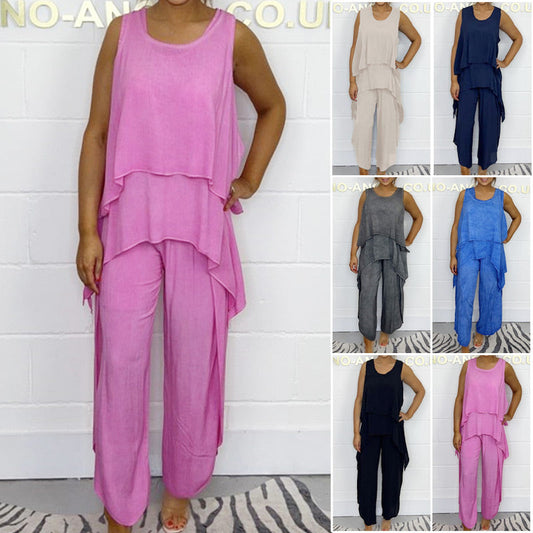 Super low discount Women's casual sleeveless top and trouser suit in large sizes
