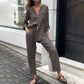 Casual Solid Color V-Neck Shirt & Pants Cotton Linen Two-Piece Set