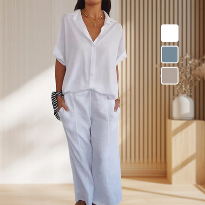 Women's two-piece V-neck shirt and trousers set