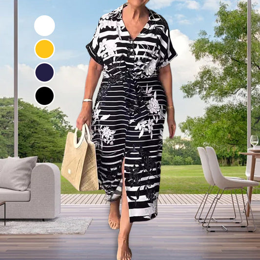 Short-sleeved floral striped dress with split hem