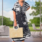 Short-sleeved floral striped dress with split hem