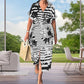 Short-sleeved floral striped dress with split hem