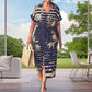 Short-sleeved floral striped dress with split hem