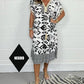 Printed Casual Dress With V-Neckline and Fringes on the Short Sleeves