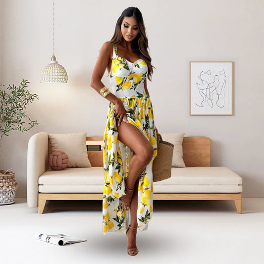 🎉Limited Sale🎉Women’s Elegant Lemon Print Spaghetti Strap Flowy Long Dress