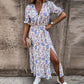 🔥🌸2024 New, elegant plus size dress with V-neckline, floral pattern, high waist and slit