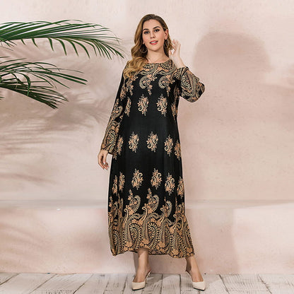 Women's Plus Size Round Neck Loose Printed Maxi Dress