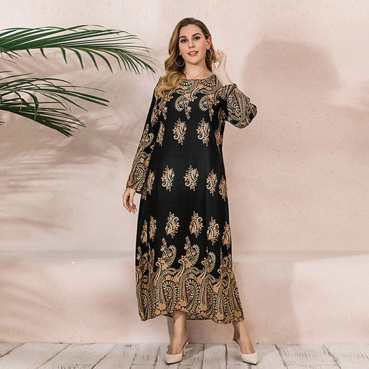Women's Plus Size Round Neck Loose Printed Maxi Dress