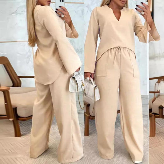 Women’s Plain Long-sleeve Pullover and Loose Drawstring Pants Set