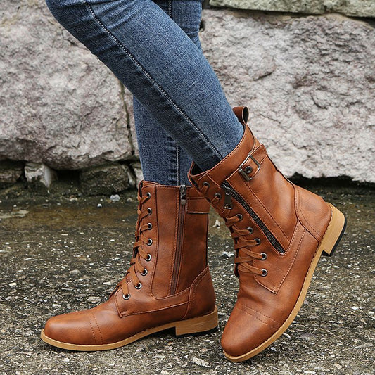 Women's Round Toe Side Zipper Leather Orthopedic Boots