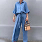 🔥HOT SALE-49% OFF💝Solid Color Lapel Top Drawstring Pants 2-Piece Set