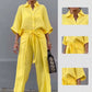 🔥HOT SALE-49% OFF💝Solid Color Lapel Top Drawstring Pants 2-Piece Set