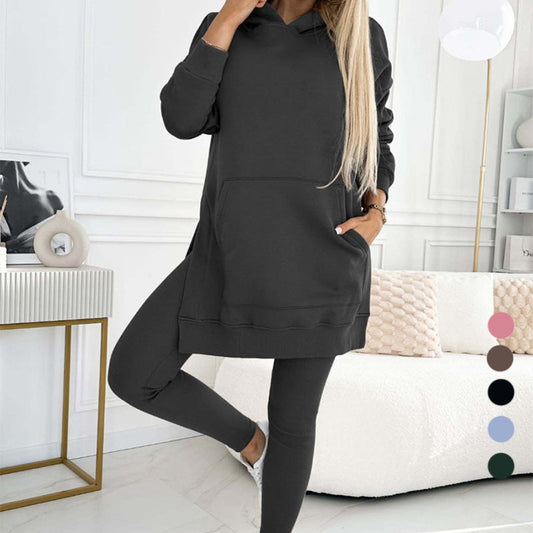 🎁HOT SALE🎁Women's Fashion Solid Color Hoodie And Lined Leggings Two-Piece Set