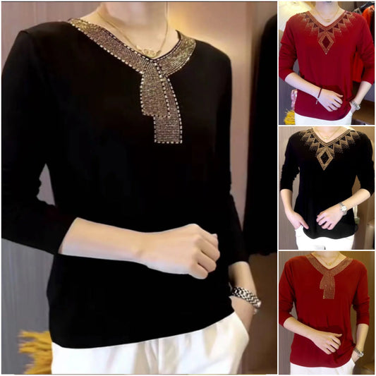 🔥【M-4XL】2024 High quality winter velvet long sleeve t-shirt with rhinestones, warm and fashionable