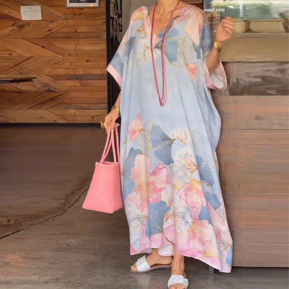 Floral Print Loose Long Dress with Half Sleeves