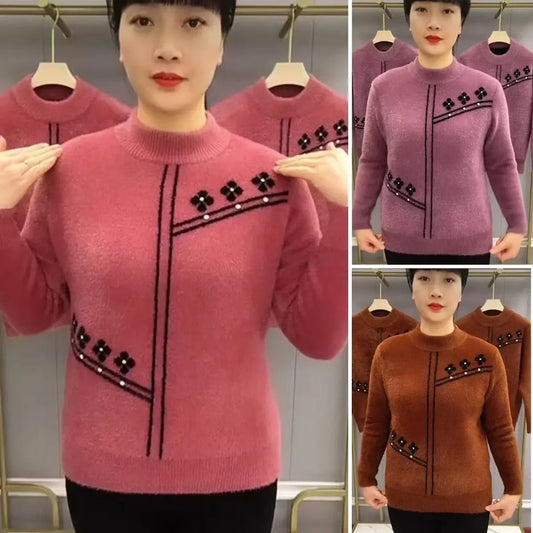 Women's Printed Mock Neck Knitted Sweater