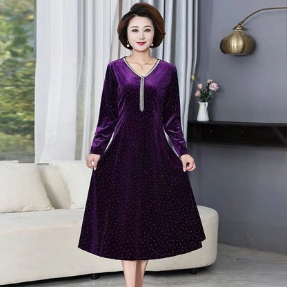 Women's Long Sleeve Velvet Dress with Chest Fringe Accent