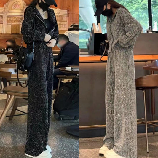 Women's Trendy Rhinestones Jacket & Wide-Leg Pants Two-Piece Set