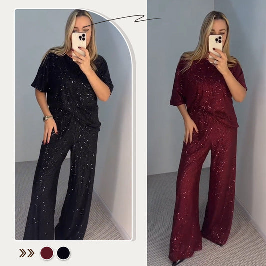 Women's Sequin Crewneck Top & Loose Trousers