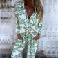 🎄Women’s Stylish Print Lapel Button Shirt and Wide-leg Pants (2-piece Set)