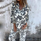 🎄Women’s Stylish Print Lapel Button Shirt and Wide-leg Pants (2-piece Set)