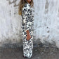 🎄Women’s Stylish Print Lapel Button Shirt and Wide-leg Pants (2-piece Set)