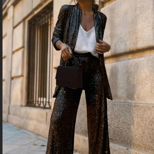 ✨Sequin Open Front Top Wide Leg Pants Set