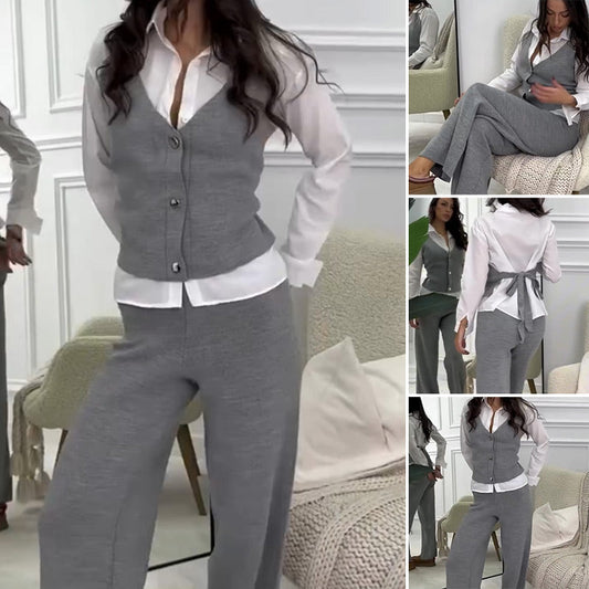 💖Limited Sale 49% OFF💖Women's Faux Two-Piece Shirt Vest & Pants Set