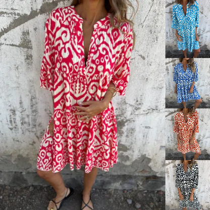 💖Limited Sale 48% OFF💖V-Neck Printed Three-Quarter Sleeve Dress