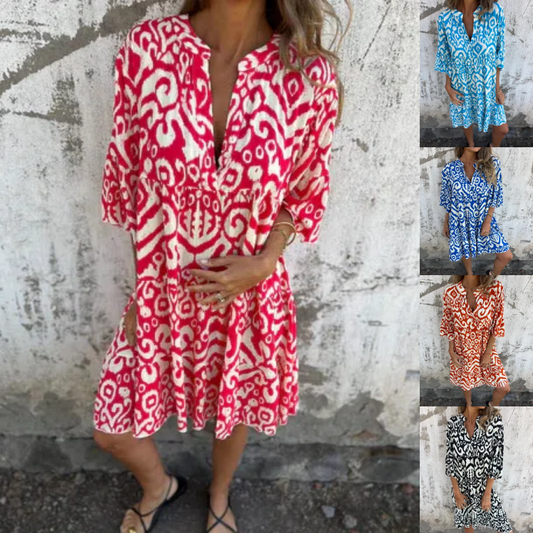 💖Limited Sale 48% OFF💖V-Neck Printed Three-Quarter Sleeve Dress