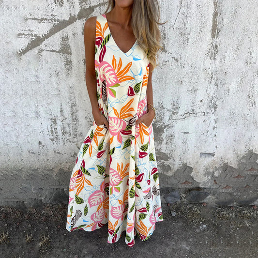 Women's Leaves Pattern V-Neck Sleeveless Floor-Length Dress