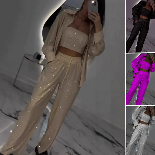 💕2025 HOT SALE💐Women's Sequin Blazer & Wide-Leg Pants (3-Piece Set)
