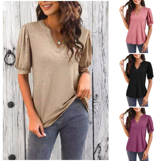🔥Summer New Products👚Women's V-Neck Casual Puff Short Sleeve Top Elegant T-Shirt