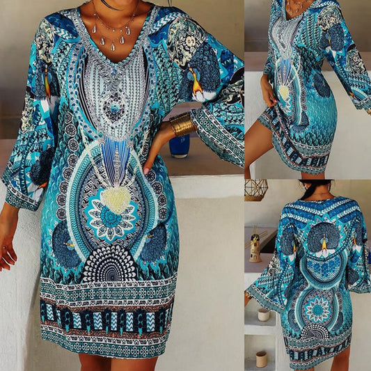 Women’s Bohemian Print V-Neck Long Sleeve Dress