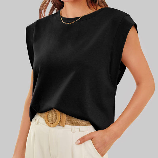 💖Limited Sale 50% Off💖Solid Color Round Neck Cap Sleeve Top