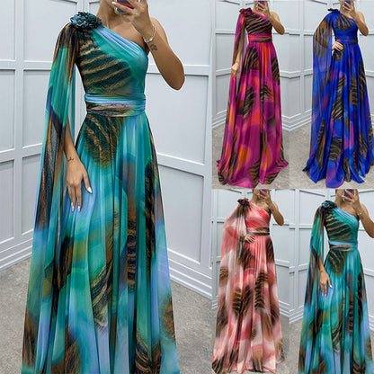 🌸Higher Quality💐Women's Fluttering Chiffon Printed Diagonal Shoulder Dresses