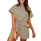 🔥Hot Sale 49% OFF💝✨Women's Solid Textured Casual Short Sleeve Top Drawstring Shorts Set
